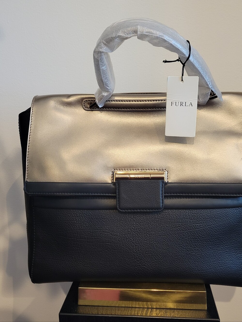 FURLA Artesia Black LARGE Bag Pebbled Leather Gold Clasp $728 ITALY